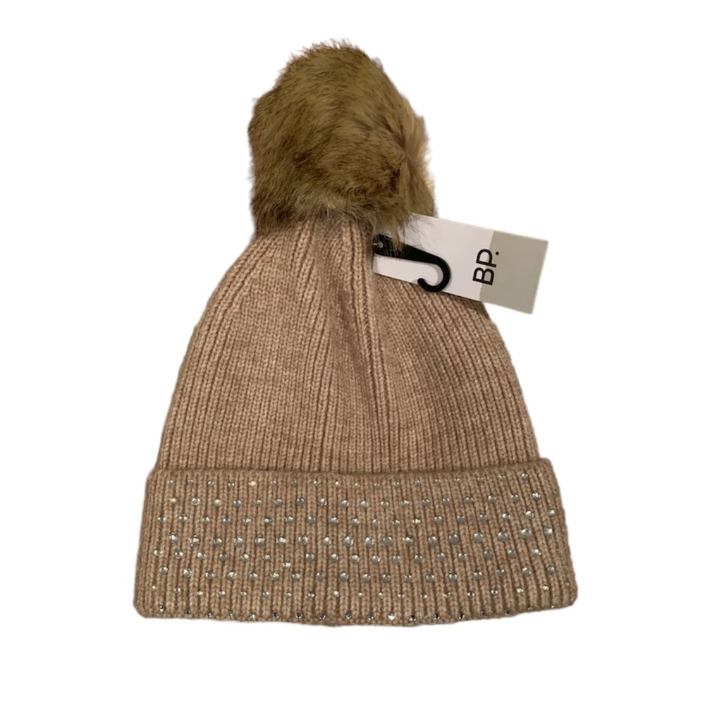 BP Embellished Knit Beanie with Faux Fur Pom Pom in Oatmeal One Size NWT